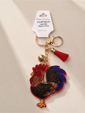 Rhinestone Rooster Keychain Bag Charm Tassel Gold Tone Sparkly Farmhouse Cute